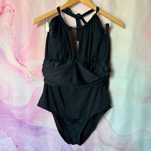 Mynah 16W Black Halter One Piece Swimsuit Classic Preppy Luxury Boardwalk Beach